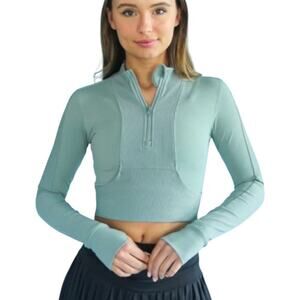 Gold Himge Women’s Sage Green ATHLETIC HALF-ZIP CROP TOP | NEW